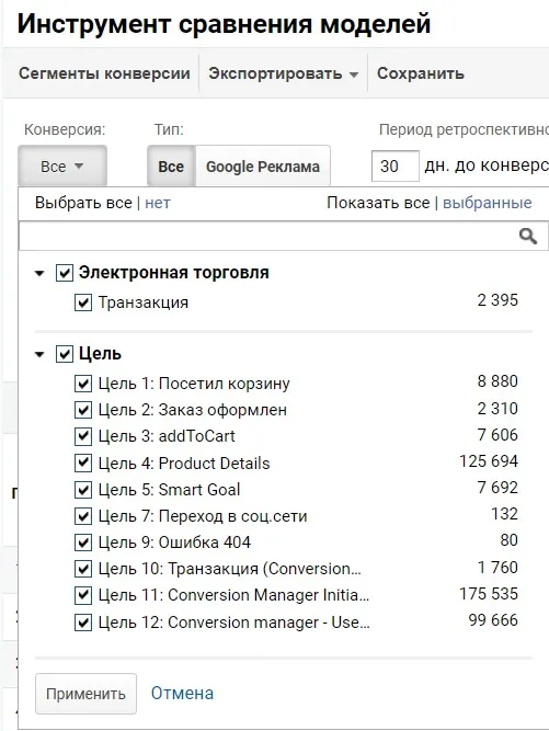 сравнение моделей атрибуции в Google Analytics