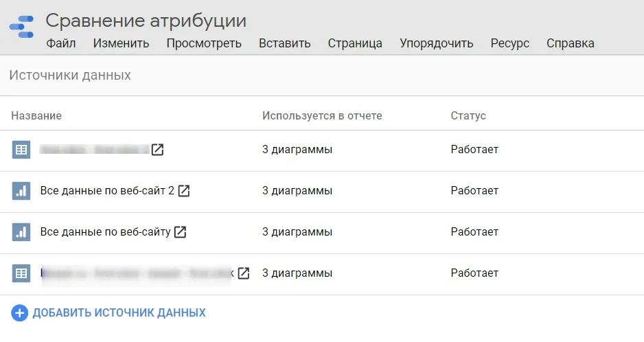 подключенные к Data Studio источники
