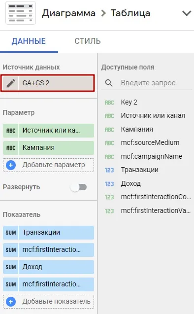 настройки таблицы в Data Studio