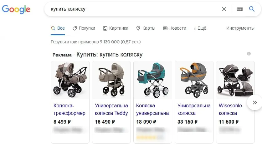 Пример объявлений Google Shopping